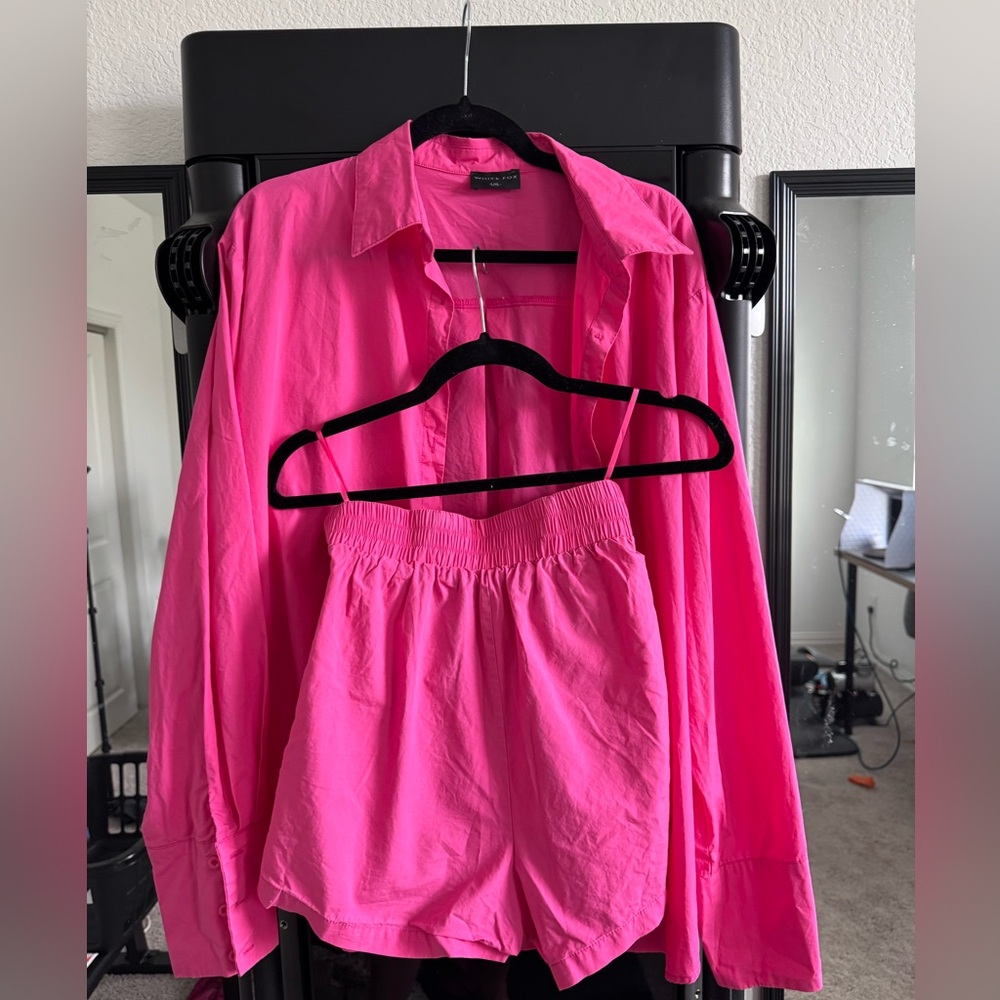 White Fox Boutique Women's Pink Button Shirt and Shorts Set